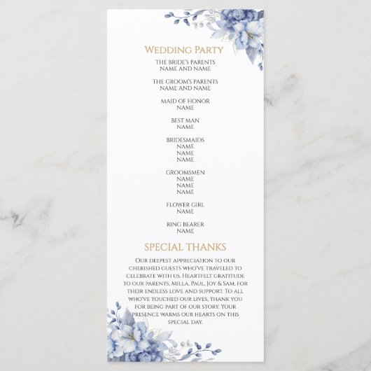 Elegant Dusty Blue and Gold Floral Wedding Programmakaart (Achterkant)