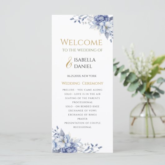Elegant Dusty Blue and Gold Floral Wedding Programmakaart (Staand voorkant)