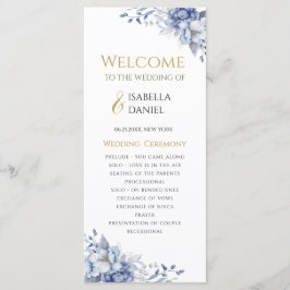 Elegant Dusty Blue and Gold Floral Wedding Programmakaart