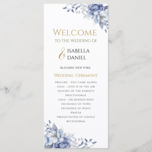 Elegant Dusty Blue and Gold Floral Wedding Programmakaart (Voorkant)