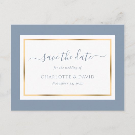 Elegant Dusty Blue and Gold Wedding Save the Date Aankondigingskaart (Voorkant)