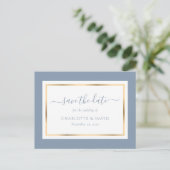 Elegant Dusty Blue and Gold Wedding Save the Date Aankondigingskaart (Staand voorkant)
