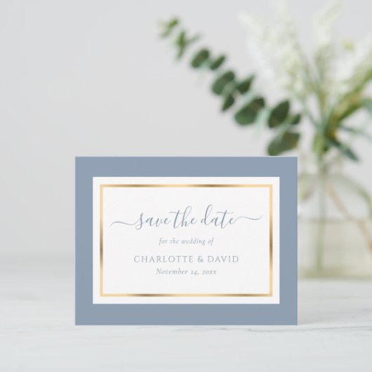 Elegant Dusty Blue and Gold Wedding Save the Date Aankondigingskaart (Staand voorkant)