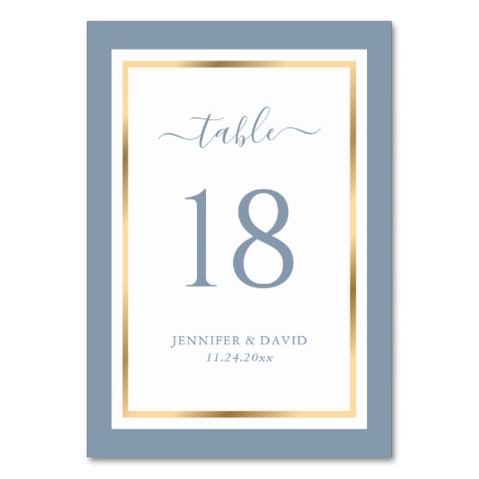 Elegant Dusty Blue and Gold Wedding Table Number Kaart (Voorkant)