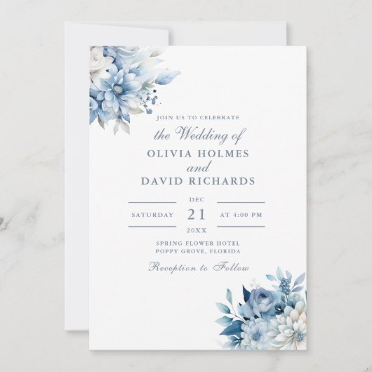 Elegant Dusty Blue and White Wildflower Bruiloft Kaart (Voorkant)
