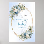 Elegant Dusty Blue Baby Shower Poster Gold Script (Voorkant)