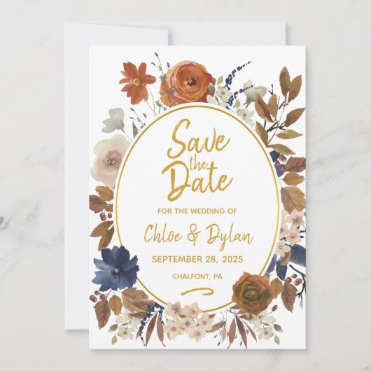 Elegant Dusty Blue Beige Brown Floral Save The Date (Voorkant)