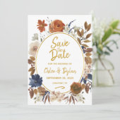 Elegant Dusty Blue Beige Brown Floral Save The Date (Staand voorkant)