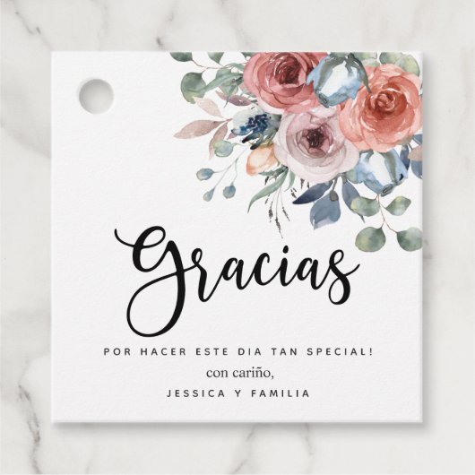 Elegant Dusty Blue Blissful Floral, Gracias Bedankjes Labels (Voorkant)