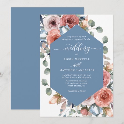 Elegant Dusty Blue Blissful Floral Wedding Kaart (Voorkant / Achterkant)