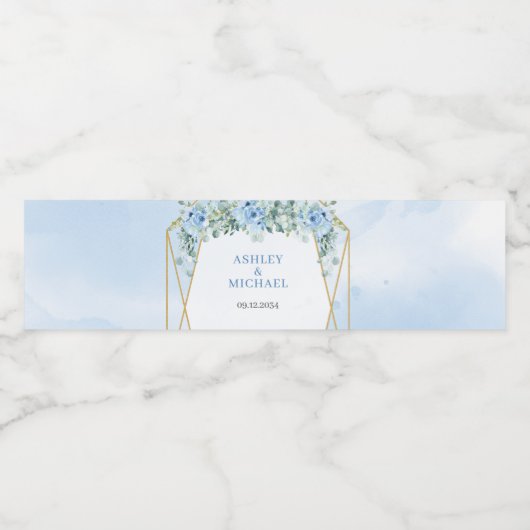 Elegant Dusty Blue bloemengoud lijst eucalyptus Waterfles Etiket (Enkel label)