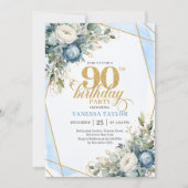 Elegant dusty blue blooms 90th birthday invite kaart (Voorkant)