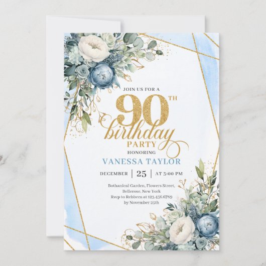 Elegant dusty blue blooms 90th birthday invite  kaart (Voorkant)