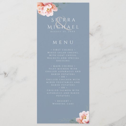 Elegant Dusty Blue Blush Bloemen Bruiloft Diner Menu (Voorkant)