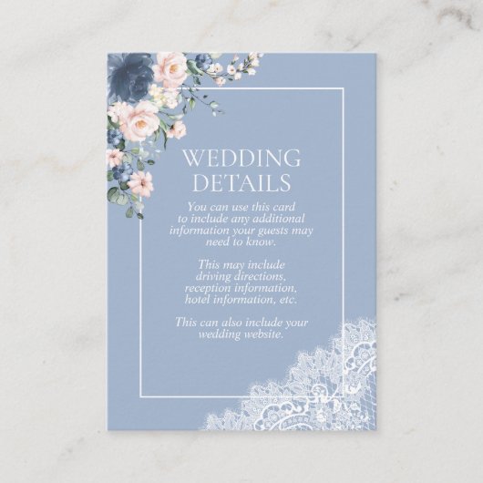 Elegant Dusty Blue Blush Floral Lace Details Informatiekaartje (Voorkant)