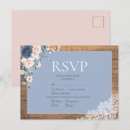 Elegant Dusty Blue Blush Floral Lace Wedding RSVP Uitnodiging Briefkaart