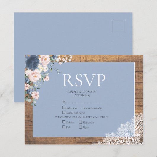 Elegant Dusty Blue Blush Floral Lace Wedding RSVP Uitnodiging Briefkaart (Voorkant / Achterkant)