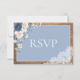 Elegant Dusty Blue Blush Floral Lace Wood Weddensc RSVP Kaartje