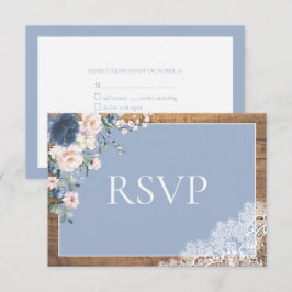 Elegant Dusty Blue Blush Floral Lace Wood Weddensc RSVP Kaartje