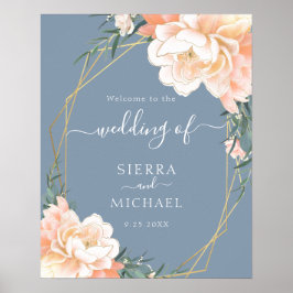 Elegant Dusty Blue Blush Gold Peach Floral Wedding Poster