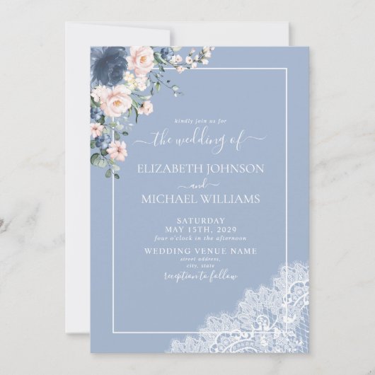 Elegant Dusty Blue Blush Lace Script Photo Weddens Kaart (Voorkant)
