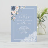 Elegant Dusty Blue Blush Lace Script Photo Weddens Kaart (Staand voorkant)
