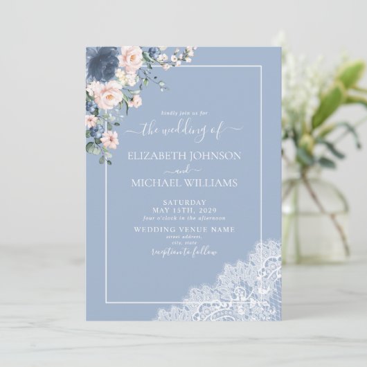 Elegant Dusty Blue Blush Lace Script Photo Weddens Kaart (Staand voorkant)