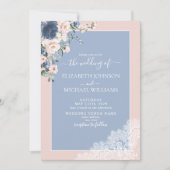 Elegant Dusty Blue Blush Lace Script Photo Weddens Kaart (Voorkant)