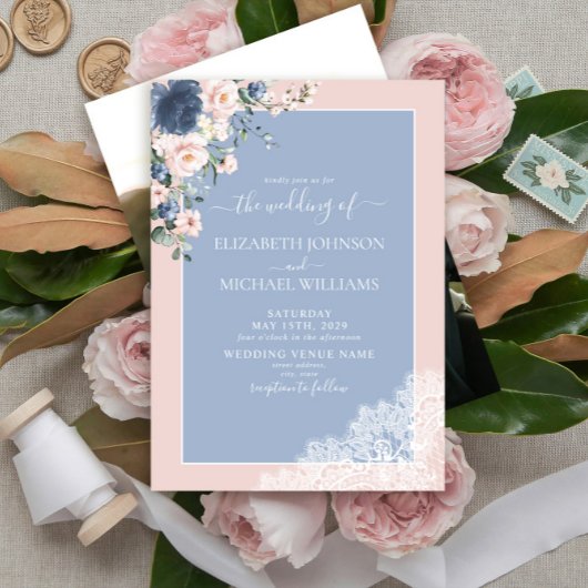 Elegant Dusty Blue Blush Lace Script Photo Weddens Kaart