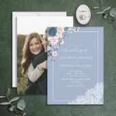 Elegant Dusty Blue Blush Lace Script Photo Weddens Kaart