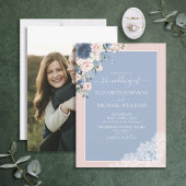 Elegant Dusty Blue Blush Lace Script Photo Weddens Kaart