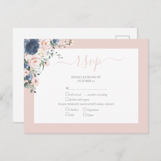 Elegant Dusty Blue Blush Lace Script RSVP Uitnodiging Briefkaart (Voorkant / Achterkant)