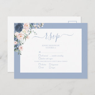 Elegant Dusty Blue Blush Lace Script RSVP Uitnodiging Briefkaart