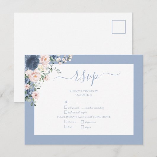 Elegant Dusty Blue Blush Lace Script RSVP Uitnodiging Briefkaart (Voorkant / Achterkant)