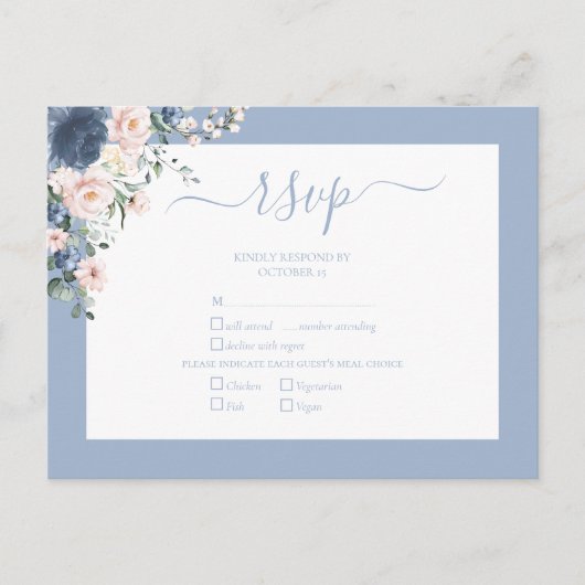 Elegant Dusty Blue Blush Lace Script RSVP Uitnodiging Briefkaart (Voorkant)