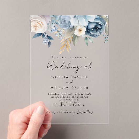 Elegant Dusty Blue Blush Pink Floral Wedding Acryl Uitnodigingen (Insitu (Draagbaar))