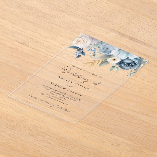 Elegant Dusty Blue Blush Pink Floral Wedding Acryl Uitnodigingen (Laagn)