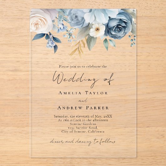 Elegant Dusty Blue Blush Pink Floral Wedding Acryl Uitnodigingen (Voorkant)