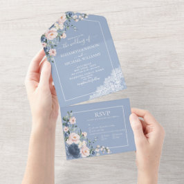 Elegant Dusty Blue Blush Pink Rustic Lace All in O One Uitnodiging