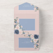 Elegant Dusty Blue Blush Pink Rustic Lace All In One Uitnodiging (Buitenkant)