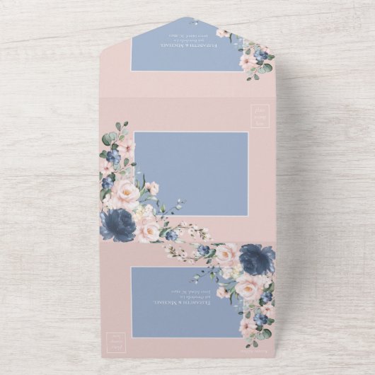 Elegant Dusty Blue Blush Pink Rustic Lace All In One Uitnodiging (Buitenkant)