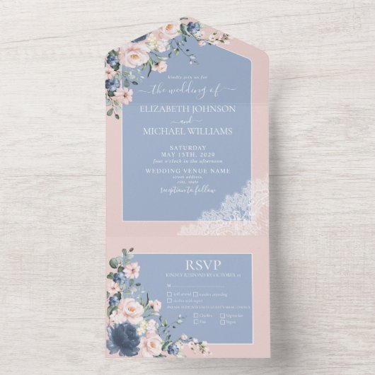 Elegant Dusty Blue Blush Pink Rustic Lace All In One Uitnodiging (Binnen)