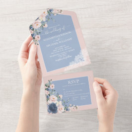 Elegant Dusty Blue Blush Pink Rustic Lace All In One Uitnodiging