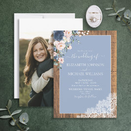 Elegant Dusty Blue Blush Rustic Lace Photo Wedding Kaart