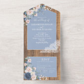 Elegant Dusty Blue Blush Rustic Lace Wedding All In One Uitnodiging (Binnen)