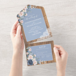 Elegant Dusty Blue Blush Rustic Lace Wedding All In One Uitnodiging