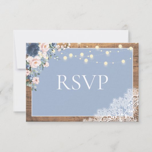 Elegant Dusty Blue Blush Rustic Wood Lace Script RSVP Kaartje (Voorkant)