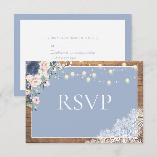 Elegant Dusty Blue Blush Rustic Wood Lace Script RSVP Kaartje (Voorkant / Achterkant)