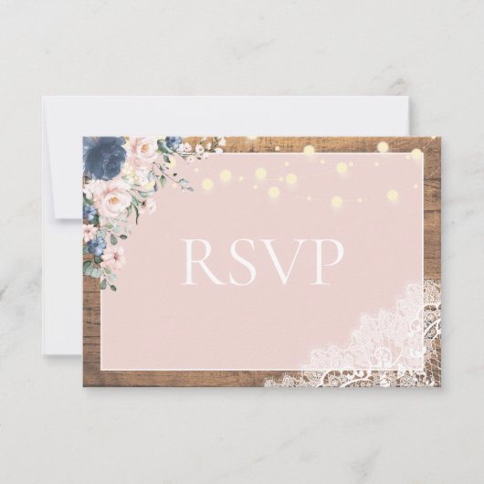 Elegant Dusty Blue Blush Rustic Wood Lace Script RSVP Kaartje (Voorkant)
