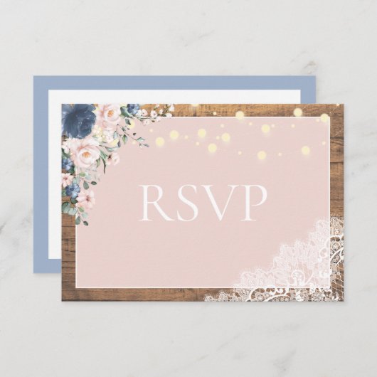 Elegant Dusty Blue Blush Rustic Wood Lace Script RSVP Kaartje (Voorkant / Achterkant)